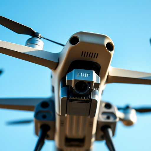 Create a high-resolution image of a drone from a frontal view, using a DSLR camera at f/8 aperture, ISO 100, and 1/200 shutter speed, with a clear blue sky background to highlight the drone's features.