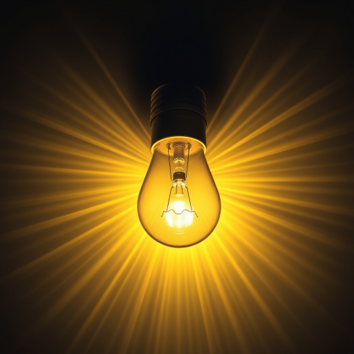 Create a high-resolution vector image of a light bulb with radiant rays emanating from it, using a DSLR camera with a 50mm lens, aperture f/8, ISO 200, in bright daylight, top-down view, and vibrant colors for clarity.