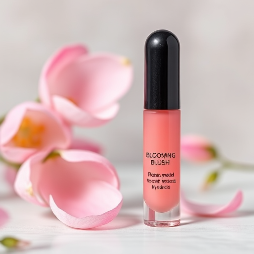 Sheer rose petal pink lip oil infused with botanical extracts, dubbed "Blooming Blush," providing nourishing properties and a subtle tint, perfect for achieving a natural, healthy glow