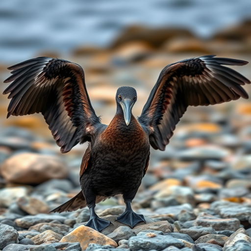 photograph of a cormorant displaying its wings on rocky shoreline, captured with a DSLR camera, 200mm lens, f/5.6 aperture, ISO 400, natural light, focus on the bird with a blurred background for depth, shot at eye level to capture detail in feathers.