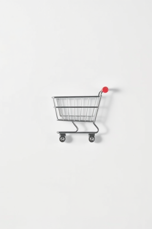 Create a minimalist shopping cart icon on a soft gray background with a slight shadow, using a 50mm lens at f/2.8, ISO 100, at eye level, captured with a digital mirrorless camera.