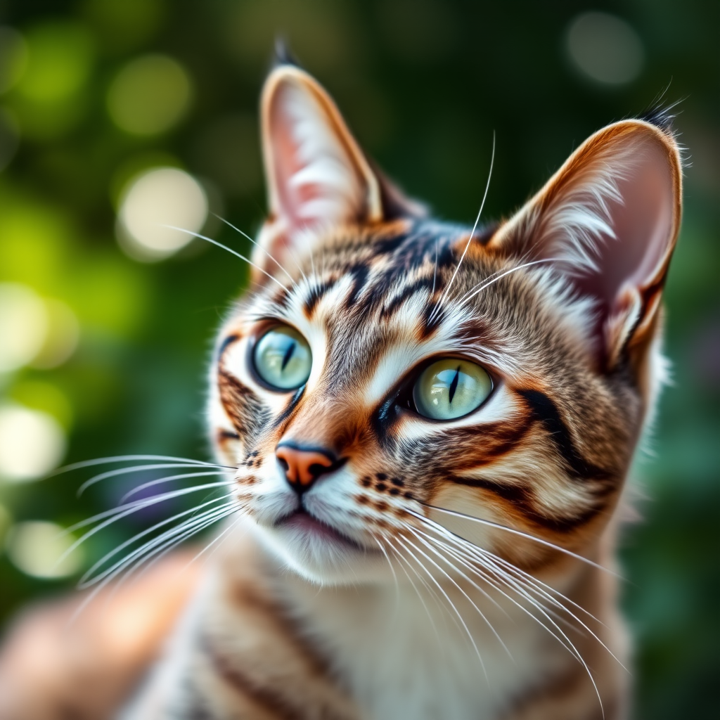 Create a close-up portrait of a domestic cat with a focus on its striking green eyes, set in a lush garden with soft bokeh background, using a DSLR camera with a 50mm lens, aperture f/2.8, ISO 100, and natural lighting to enhance details and colors.