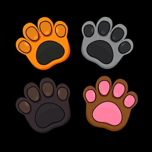 Create an illustration of four cartoon cat paws, colored orange, black, gray with white spots, and brown, with pink pads, on a solid black background, using a high-resolution digital camera at f/8 aperture, ISO 100, and a 50mm lens for sharp detail and vibrant colors.