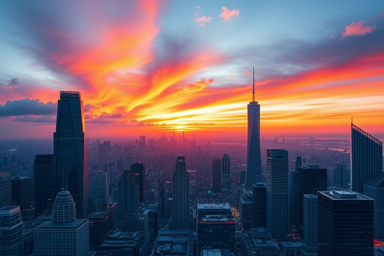 Generate a high-resolution image of a futuristic city skyline at sunset with vibrant colors, using a Canon EOS R5, 24mm lens, f/8 aperture, ISO 100, 1/125 sec exposure, shot from a high vantage point for a panoramic view.