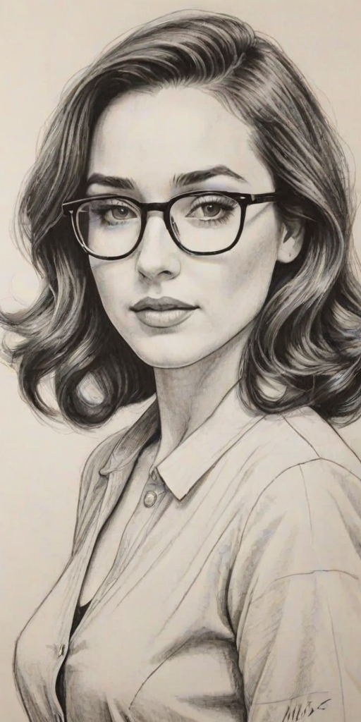 Stunning Allison Scagliotti, pencil sketch, portrait of Sublime woman 1952s in glasses, hair style beatnik, outline, clear lines, fine lines, 8k