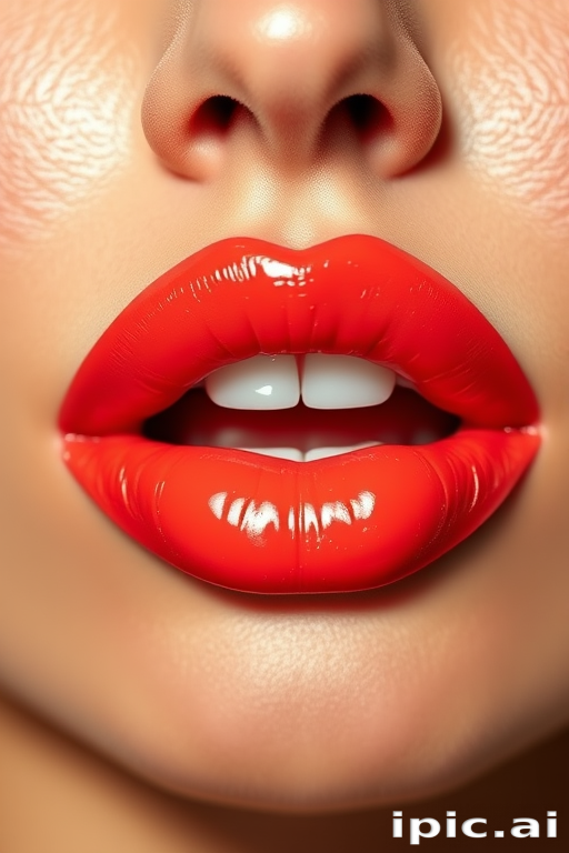 Vibrant coral-red lips with a glossy finish, showcasing a plump and full appearance, expertly lined for a perfect shape, reflecting light for a luscious and inviting look