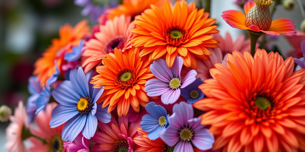 High-resolution floral arrangement featuring vibrant orange, pink, and blue flowers, captured with a Canon EOS R5, 50mm lens, f/1.8 aperture, 1/200s shutter speed, natural lighting, shallow depth of field for soft background blur.