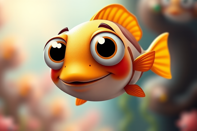 Create a vibrant, cartoon-style illustration of a quirky fish character with oversized eyes and a playful expression, using a DSLR camera with a 50mm lens, f/2.8 aperture, ISO 100, natural lighting, and a shallow depth of field for a soft background effect.