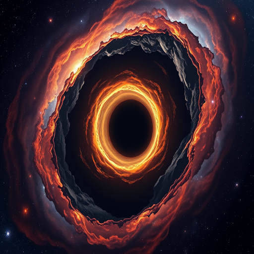 A highly detailed digital illustration of a black hole with a glowing accretion disk, set against a vibrant galaxy background, captured with a DSLR camera at f/2.8, 24mm lens, ISO 100, under a long exposure of 30 seconds for enhanced light capture and clarity, in high dynamic range style.