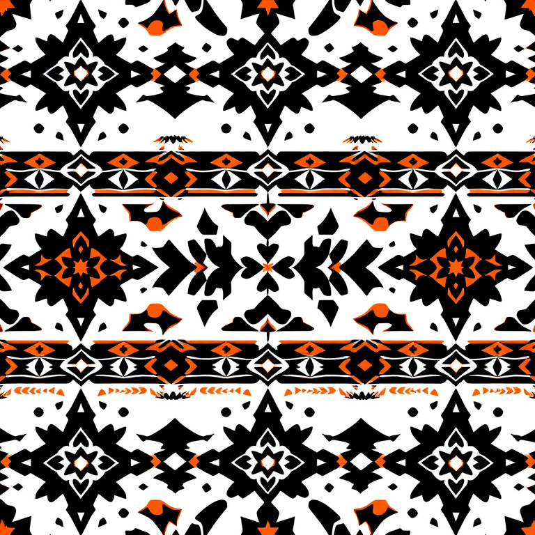 Create a high-resolution repeating pattern of tribal geometric designs with alternating black, white, and orange colors, using a DSLR camera type, 50mm lens, f/8 aperture, ISO 100, natural lighting, and a top-down view to enhance overall clarity and detail.