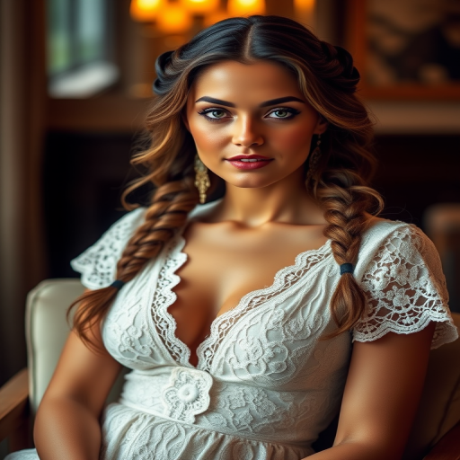 Create a portrait of a refined and elegant woman seated in a sophisticated setting. She has long, wavy hair styled in two thick braids that are pulled over her shoulders. She wears a white, lace gown with intricate patterns, featuring a deep V-neckline and short sleeves. The dress exudes a vintage charm with its delicate lacework. She is adorned with ornate, dangling earrings that add a touch of glamour to her appearance. The background is softly lit, with warm, ambient lighting that creates a cozy and inviting atmosphere. Her expression is poised and serene, capturing a sense of grace and elegance.