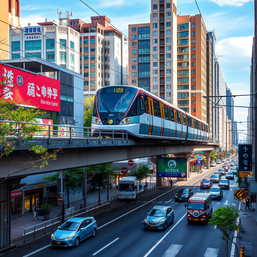Generate a high-resolution urban scene showing a monorail passing over a busy street, with vibrant colors and clear details, shot with a DSLR camera at f/8 aperture, ISO 100, and a shutter speed of 1/250s, using a wide-angle lens to capture the full view from a slightly elevated perspective.