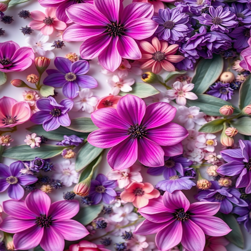 Create an ethereal floral pattern featuring a mix of purple and pink flowers and leaves, captured in soft focus with a shallow depth of field, using a DSLR camera with a 50mm lens at f/1.8, ISO 200, and a slow shutter speed of 1/60s, overhead view, in natural light to enhance colors and details.