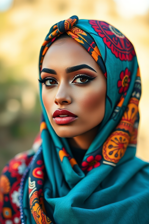 portrait of a beautiful woman with striking makeup and a vibrant headscarf, soft focus background, natural light, shot with a DSLR camera at f/1.8, ISO 100, 85mm lens, slightly high angle view, vibrant colors and sharp details