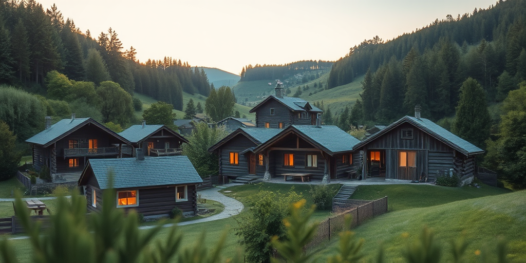 Generate a serene landscape of a quaint village with rustic wooden houses surrounded by lush greenery and gentle hills in the background, captured with a Nikon D850, 50mm lens, f/1.8 aperture, ISO 100, golden hour lighting, soft depth of field, emphasizing the warm glow of windows.