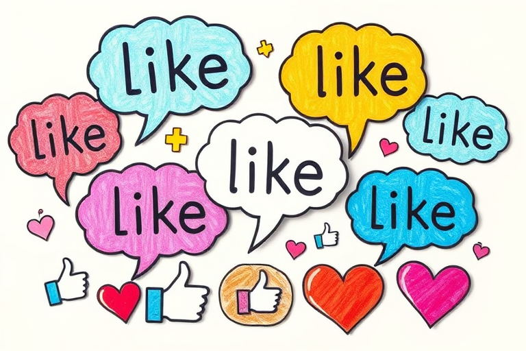Create an illustration of colorful thought bubbles filled with the words "like" in various sizes, surrounding thumbs up and heart icons, using a digital drawing style, shot with a Canon EOS R6, 50mm lens, aperture f/2.8, ISO 100, soft lighting to enhance vibrancy and clarity.