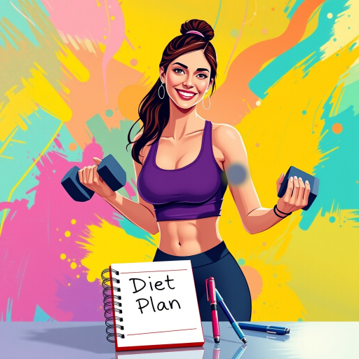 Create an illustration of a fit woman exercising with dumbbells, in a vibrant and colorful abstract background, featuring a notepad labeled 'Diet Plan' with pens nearby and a stylized apple icon, using a Canon EOS R5 with an 85mm lens, f/2.8 aperture, ISO 100, 1/200s shutter speed, in a bright and lively setting.