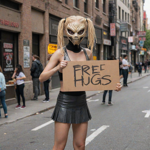 cinematic, 1girl  (with cheerleader outfit and blonde hair) standing with a cardboard sign (with "FREE HUGS" text logo),a small fchgr covering her  face, downtown street background, <lora:Xenomorph_Facehugger_v2.0_SDXL:0.8>,  <lora:Harrlogos_v1.1:1>