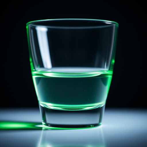 A close-up shot of a clear glass filled with water, illuminated with a green glow, captured with a DSLR camera at f/2.8, ISO 100, 1/60s, using a macro lens, with a shallow depth of field and a soft-focus background to enhance image quality.