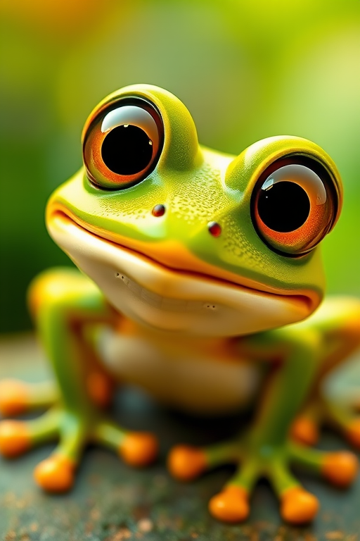 Create a vibrant cartoon-style image of a whimsical frog with big eyes and a playful expression, using a Canon EOS R5 camera set to f/2.8 for a shallow depth of field, ISO 100 for sharp detail, and a 35mm lens to capture the character against a clean background.