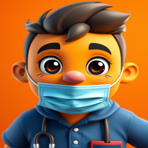 Create a high-resolution digital illustration of a cartoon character resembling a friendly mascot wearing a blue medical mask, set against a vibrant orange background, captured with a Canon EOS R5, 50mm lens, f/1.8 aperture, ISO 100, and a soft-focus style.