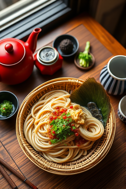 narrative scene of a Japanese meal featuring a woven bamboo basket of soba noodles, accompanied by a red teapot, black sake cup, green garnish, and a striped cup, shot with a Canon EOS 5D Mark IV, 50mm lens, f/2.8, 1/60s shutter speed, ISO 400, natural lighting from a window, top-down view for enhanced details and vibrant colors.