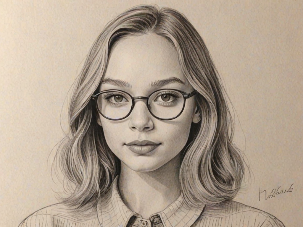 Enchanting Maddie Ziegler, pencil sketch, portrait of Resplendent woman 1948s in glasses, hair style beatnik, outline, clear lines, fine lines, 8k