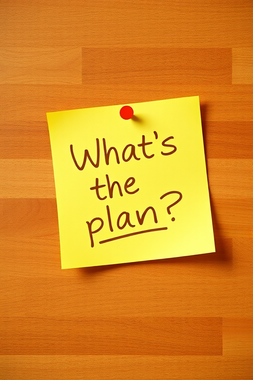Yellow post-it note, hand written in brown pen text "What's the plan??", 3d, hd, hyper realistic,