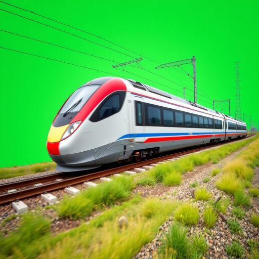 Regenerate an image of a high-speed train on a straight track with a green background and overhead pole using a DSLR camera at f/8 aperture, 1/250s shutter speed, ISO 100, 35mm focal length, wide-angle view, and vibrant colors.