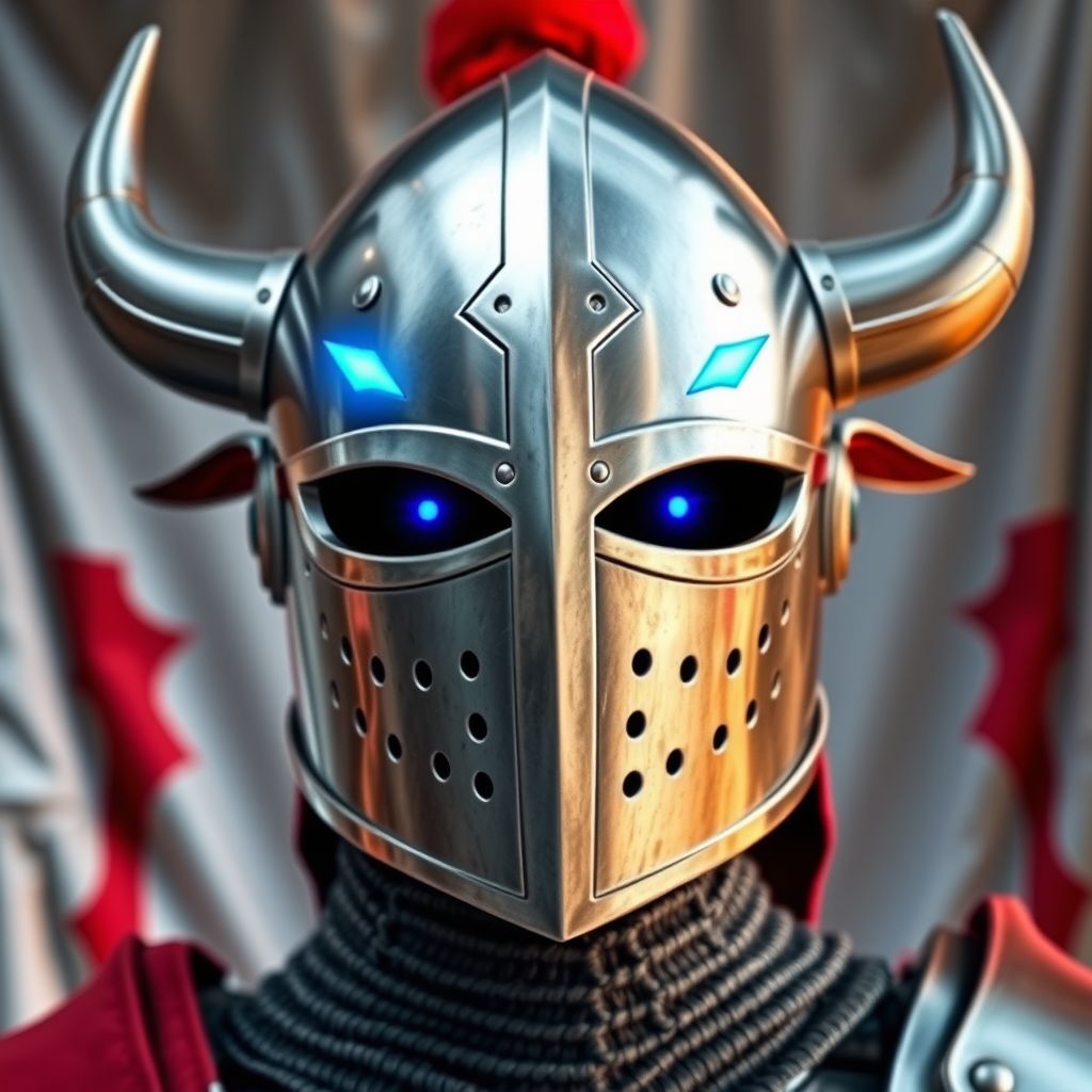 Create a digital artwork of a knight's helmet with bull features and glowing blue eyes, set against a metallic silver background with red accents, taken from a dynamic angle using a DSLR camera with a 50mm lens, aperture f/1.8, ISO 100, and natural lighting to enhance details and vibrancy.
