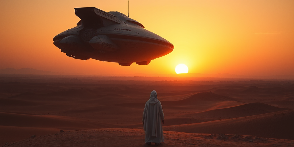 Create a sci-fi scene of a large, futuristic spaceship hovering above a desert landscape at sunset, with a person in a white cloak standing in the foreground; use a wide-angle lens, aperture f/8, ISO 200, 24mm focal length, and a cinematic style for enhanced depth and contrast.