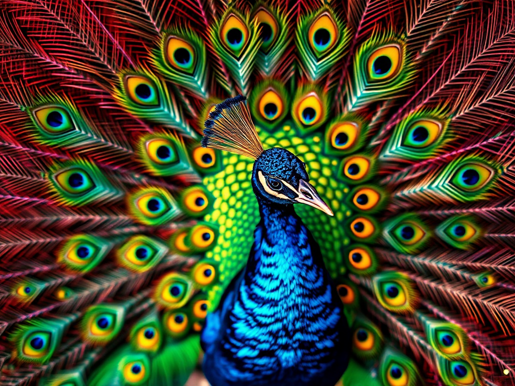 Generate a vibrant, stylized peacock with intricate feather patterns and iridescent colors, using a high-resolution digital art style, 50mm lens, f/2.8 aperture, ISO 100, 1/200 sec shutter speed, top-down view, and soft lighting to enhance details and textures.