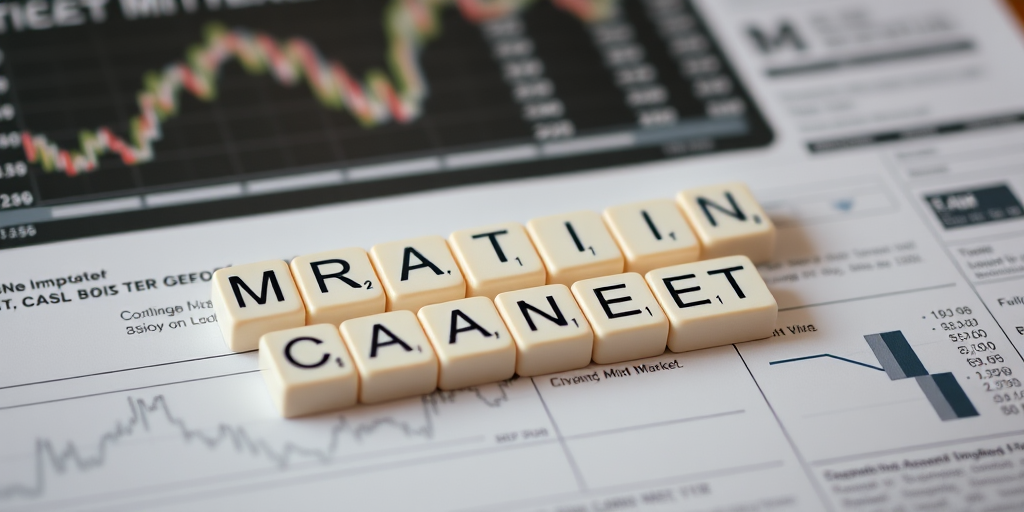 Create an image of a crossword layout made of white lettered dice arranged on a stock market report background, with soft natural lighting, a 50mm lens, f/2.8 aperture, and a shallow depth of field to enhance the focus on the dice while gently blurring the background.