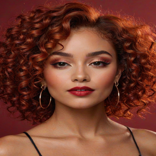 woman with curly red hair wearing large hoop earrings and shimmering makeup, striking a pose against a deep red background