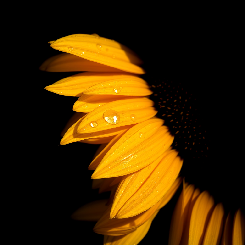Sunflower with water droplets on petals, close-up shot, black background, natural light, aperture f/2.8, ISO 100, shutter speed 1/200s, macro lens, DSLR camera.
