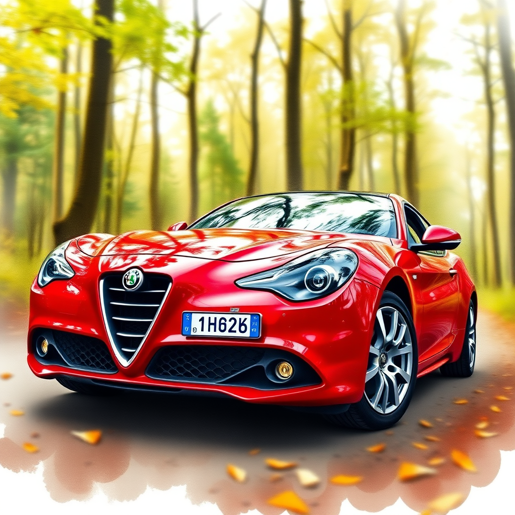 Capture a high-quality artistic rendering of a red Alfa Romeo sports car in a dynamic forest setting, using a DSLR camera with a 50mm lens at f/1.8, ISO 200, and a shutter speed of 1/100s, styled as a watercolor painting with bold brush strokes and a soft bokeh effect in the background.