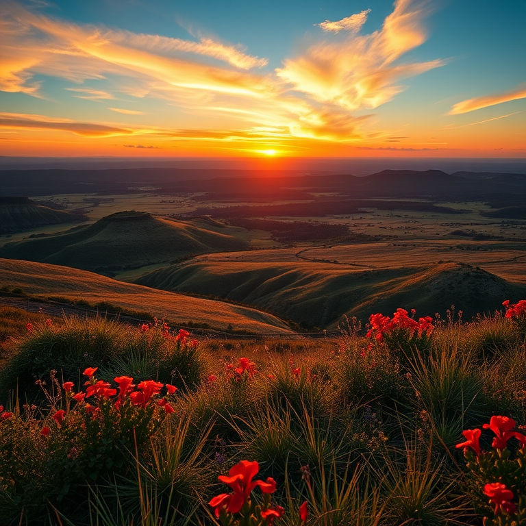 Create a high-resolution image of a vibrant landscape at sunset, ISO 100, f/8 aperture, 1/125 sec shutter speed, wide-angle lens, shot from a low angle to capture foreground details, using a DSLR camera for optimal clarity and depth.