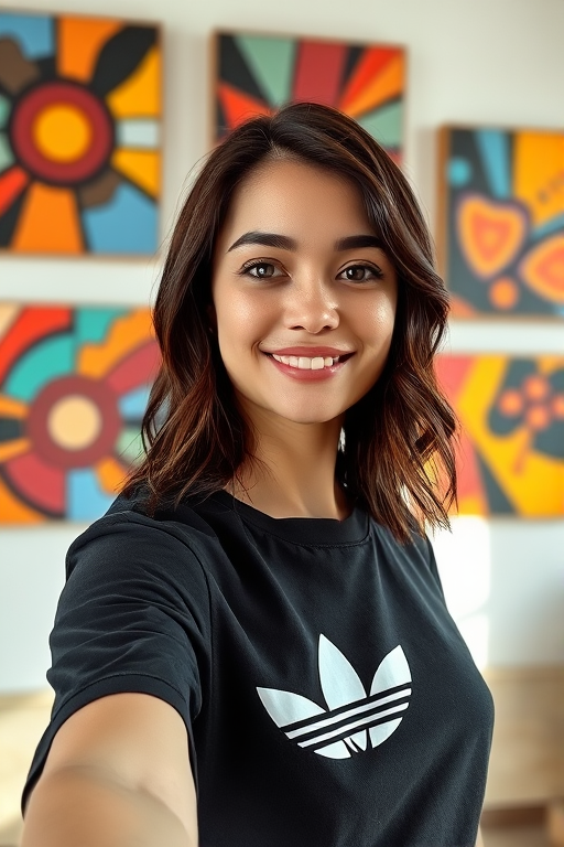 A casual selfie photo taken indoors featuring a young woman standing in front of colorful artwork, with natural daylight softly illuminating her face, and a warm, inviting color palette. The woman has light skin with visible natural textures like pores and a few light freckles. She has a medium build with shoulder-length, slightly wavy dark brown hair styled in loose layers with bangs. Her expression is friendly, with a subtle smile and bright eyes gazing directly into the camera, creating a relaxed and engaging atmosphere. She wears a black Adidas t-shirt with a prominent white logo, and the soft natural light creates a gentle glow on her face, enhancing her facial features without harsh shadows. The background showcases several vibrant, abstract paintings hung on a white wall, adding splashes of color that contrast with her dark outfit. The artwork features a variety of patterns and colors, including reds, blues, and yellows, contributing to an artistic and creative vibe. The overall composition captures the casual and personal nature of the selfie, with the subject standing at arm's length from the camera, centered within the frame, and sharp details throughout, emphasizing both her expression and the lively setting behind her