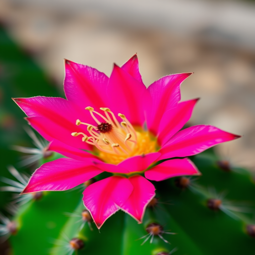 High-resolution close-up of a vibrant pink cactus flower on a green cactus with sharp spines, soft focus background, 50mm lens, aperture f/2.8, ISO 100, natural light, DSLR camera.