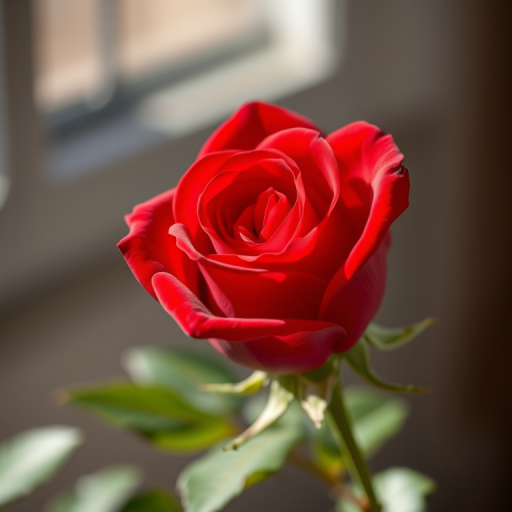 Regenerate the image of a red rose with a smooth texture and sharp details using a Canon EOS R camera, 50mm lens, f/2.8 aperture, ISO 100, shot at a slight angle with natural light for enhanced vibrancy.