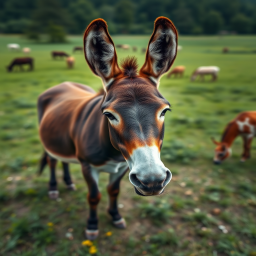 Create a high-resolution polygonal image of a donkey standing in a green field with various grazing animals, using a 50mm lens, f/2.8 aperture, 1/200 sec shutter speed, ISO 100, shot from eye level with a soft focus background to enhance depth.