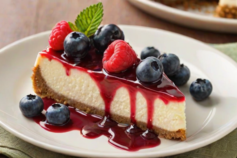 Create an image of a slice of cheesecake topped with a variety of fresh berries, including raspberries, blueberries, and blackberries, garnished with a sprig of mint. The cheesecake should have a creamy texture and a golden crust, with some berry sauce drizzled on top and around the plate. The background should be a light, neutral color to enhance the dessert's vibrant colors.