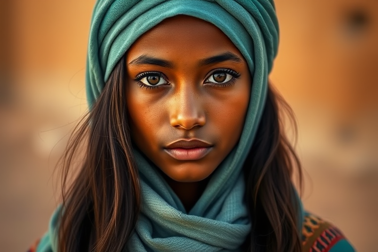 Create a portrait of a young Tuareg female with long, dark hair and captivating hazel eyes. She is wearing a cyan headscarf and a matching scarf draped gracefully around her neck. The background is softly blurred, focusing attention on her serene and natural expression. The overall color palette is muted and warm, enhancing the intimate and authentic feel of the portrait.