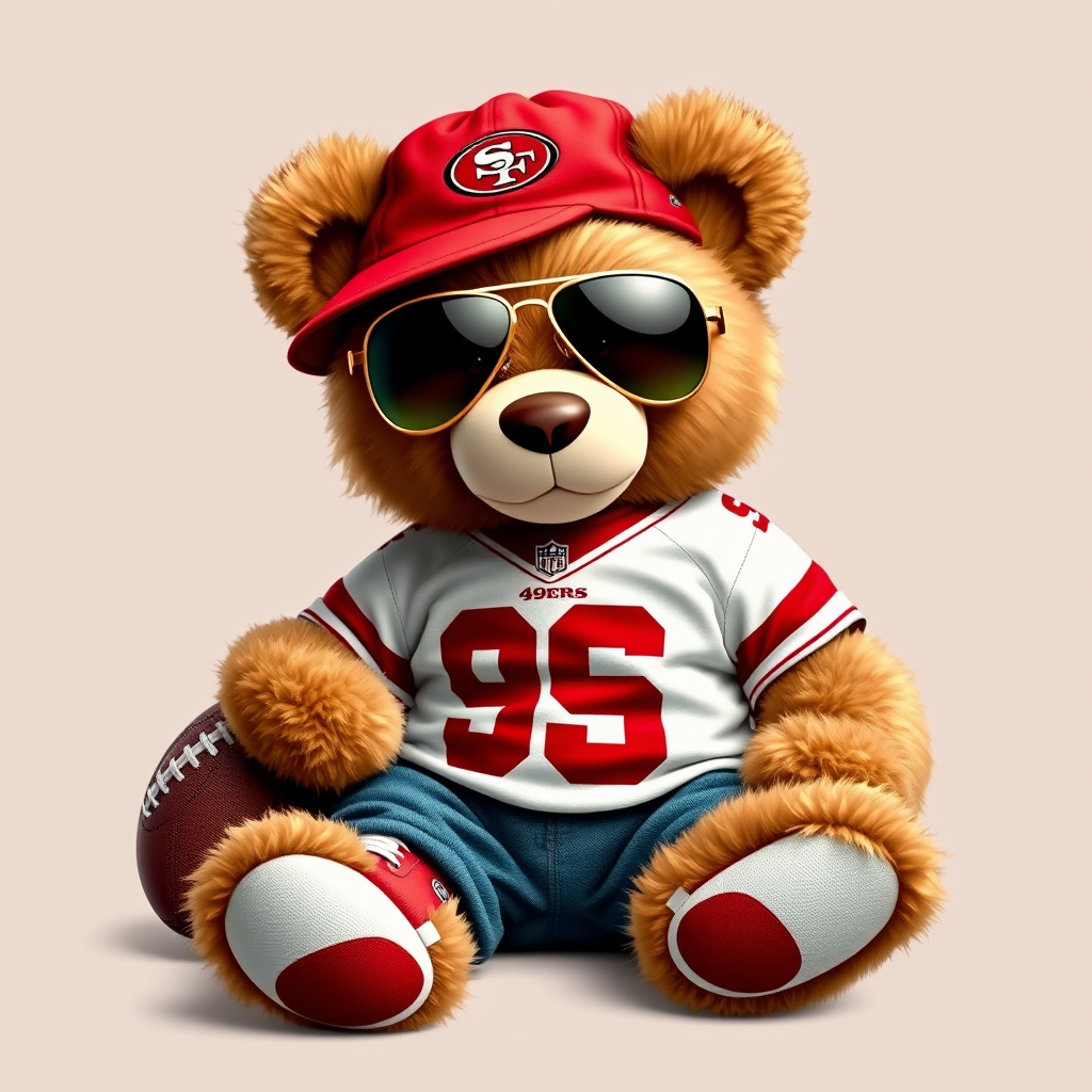 A cute and fluffy teddy bear dressed in a San Francisco 49ers-themed outfit, wearing a red cap with the 49ers logo, aviator sunglasses, and a white football jersey with red accents. The bear is also wearing casual jeans and red and white sneakers, while sitting in a relaxed pose with a football beside it. The teddy bear has a cool, laid-back attitude, with a sporty vibe. The background is clean and minimal, highlighting the bear as the main focus.