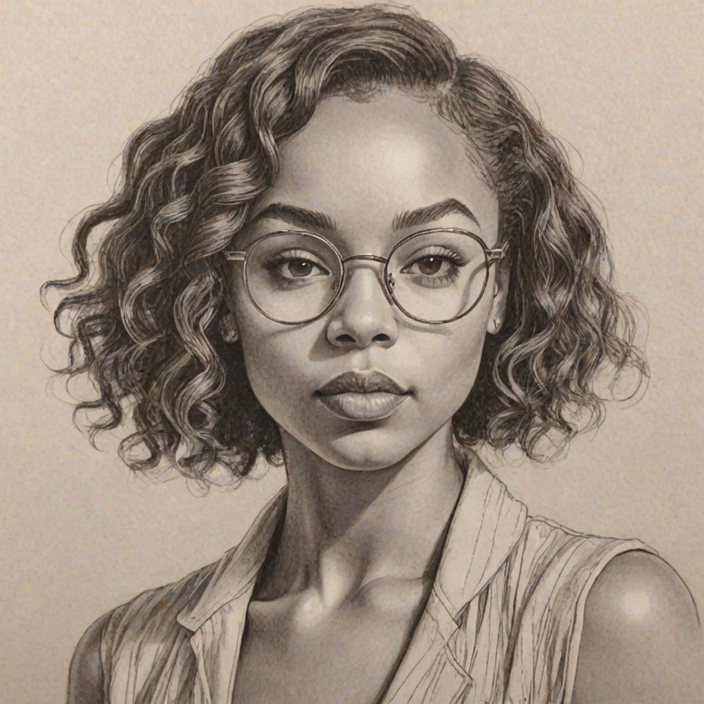 Superb Logan Browning, pencil sketch, portrait of Dazzling woman 1925s in glasses, hair style beatnik, outline, clear lines, fine lines, 8k