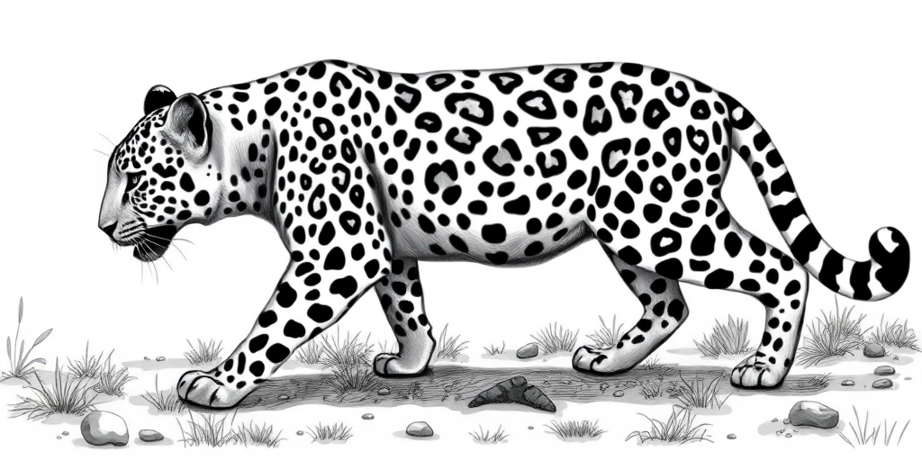 a detailed black and white illustration of a walking leopard with intricate spots, camera type: DSLR, camera settings: ISO 100, aperture f/8, shutter speed 1/250s, camera view: eye level, camera style: realistic