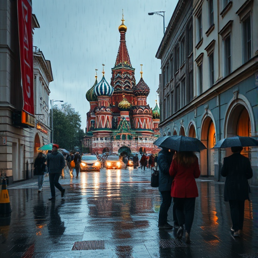 Create a moody scene of a rainy street in Moscow featuring the colorful domes of St. Basil's Cathedral with people walking under umbrellas, captured using a DSLR camera, 50mm lens, f/2.8 aperture, ISO 200, long exposure to enhance the raindrops and reflections, shot at dusk to amplify the atmospheric lighting.