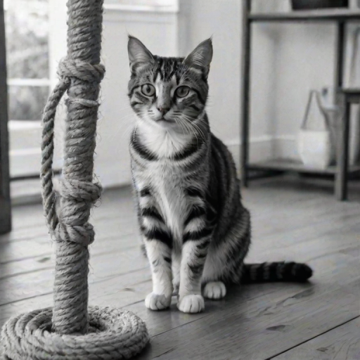 a black and white image of a tabby cat sitting on a wooden surface with a rope scratching post in the background and a blurred interior setting