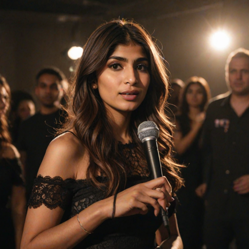 mia khalifa with long, flowing brown hair is standing in the center of the frame, holding a microphone in her right hand, and looking slightly off to the right side of the frame. She is wearing a black, off-the-shoulder dress with delicate lace detailing. The lighting is warm and dramatic, creating a spotlight effect on the singer. There are other figures in the background, blurred and out of focus, suggesting a concert or performance setting. The camera angle is low, capturing the woman from the waist up. The overall atmosphere is intimate and captivating.