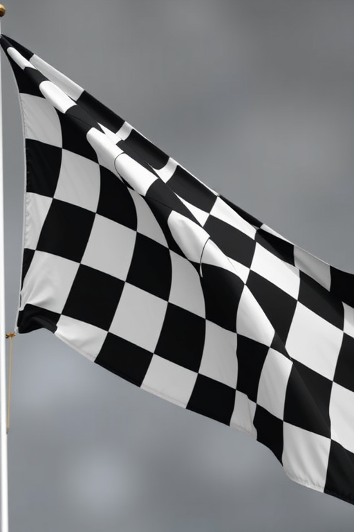 Create a high-resolution image of a waving black and white checkered flag with a blurred background, captured with a DSLR camera at f/2.8 aperture, 1/1000 sec shutter speed, ISO 100, 50mm lens, in a portrait view.